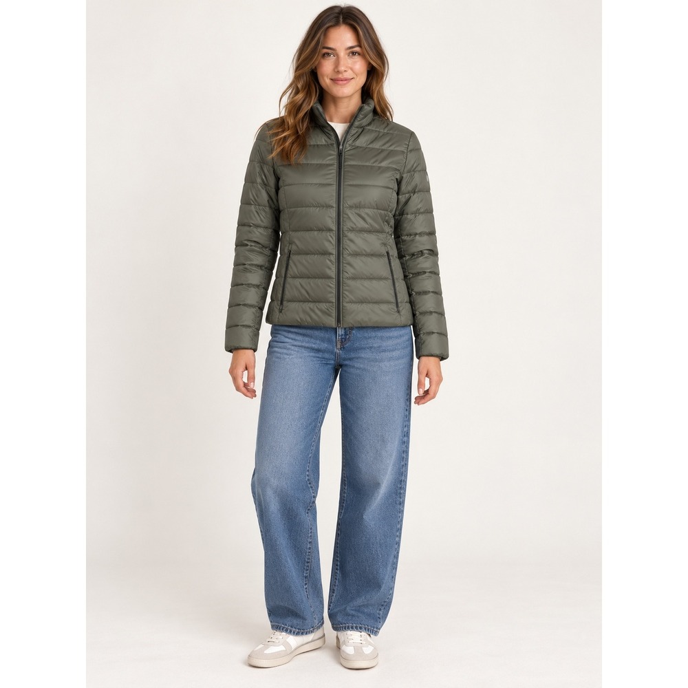LOFT Womens Olive Green Quilted Puffer Jacket Mock Neck Full Zip Size Medium